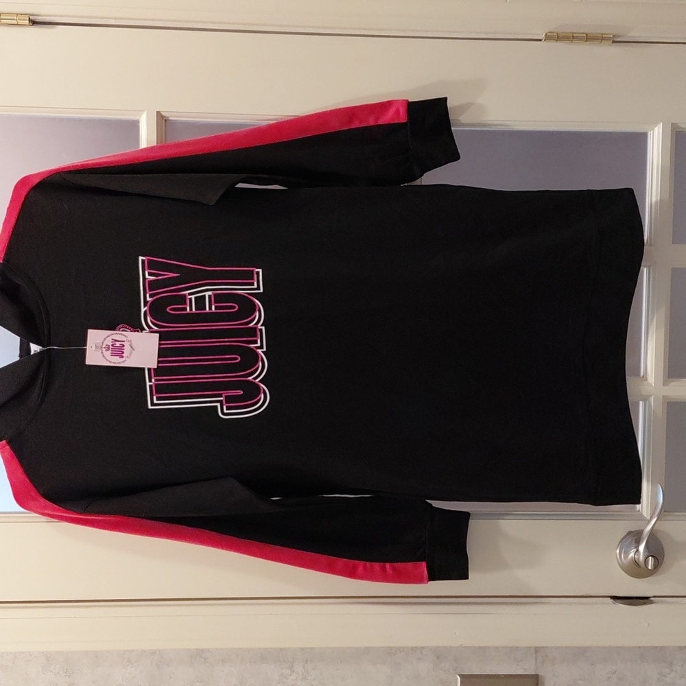 "Juicy Couture" BNWT, Sz.S, Black and Pink Hoodie with Velour Stripes. 19in P2P.